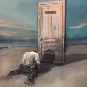 Roland, exhausted and defeated, kneels in front of a beach door